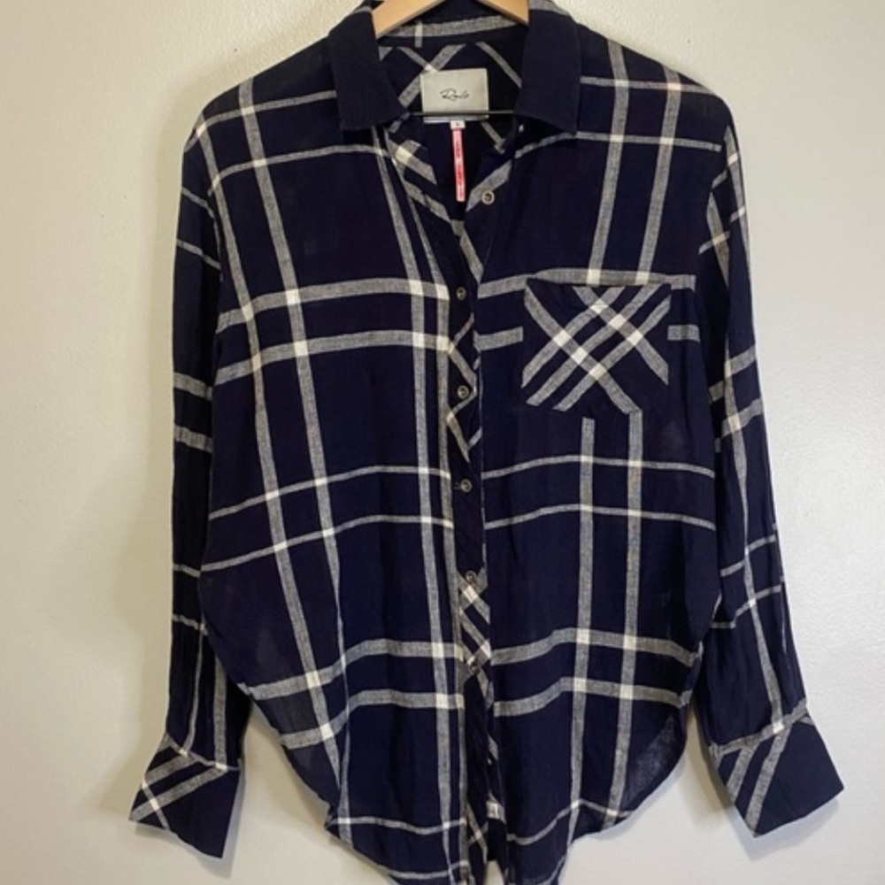 Rails Charli FP Navy women Small blue plaid linen rayon blend High Waist Slit